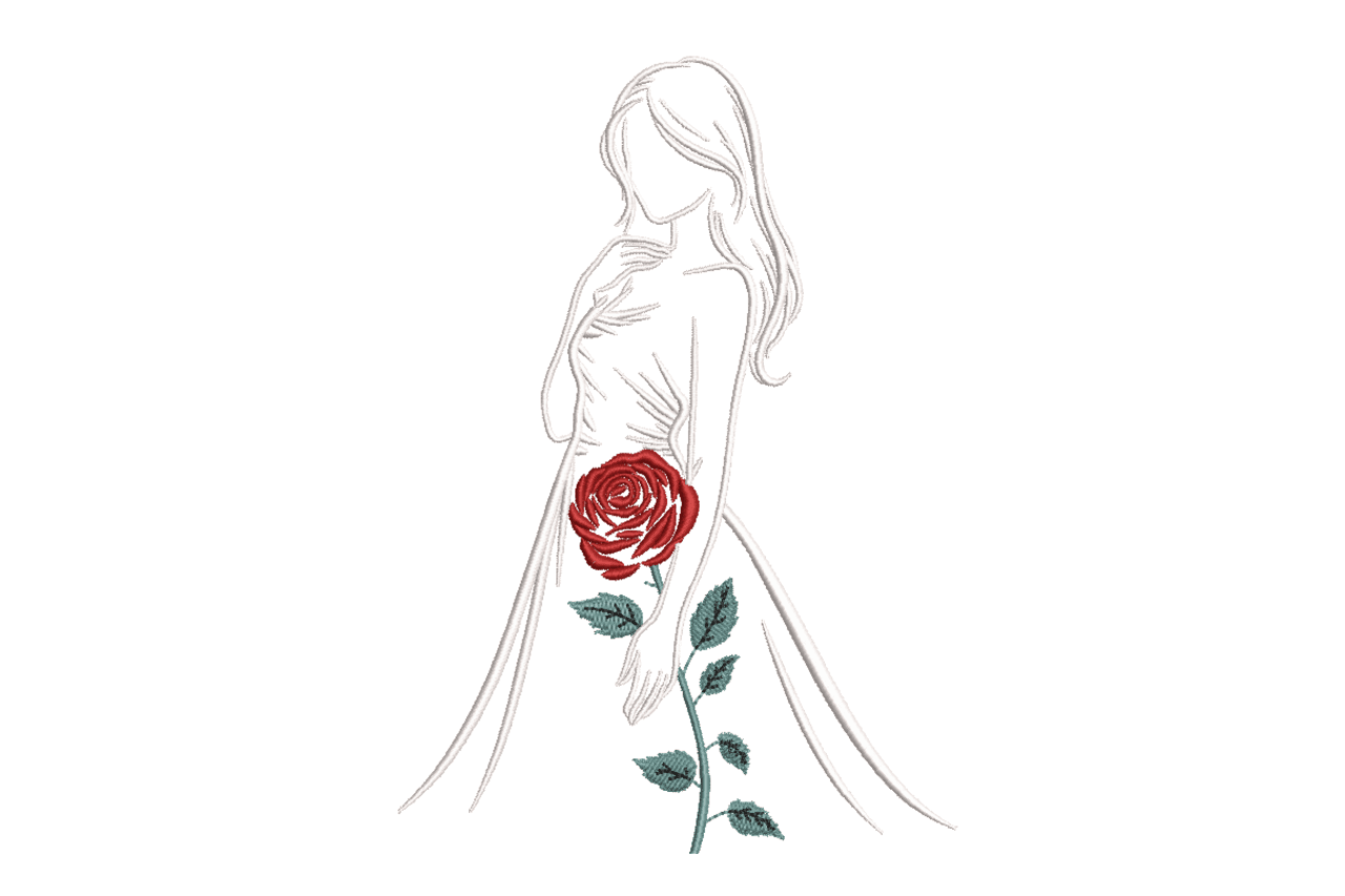 Elegant Woman with Rose Machine Embroidery Design