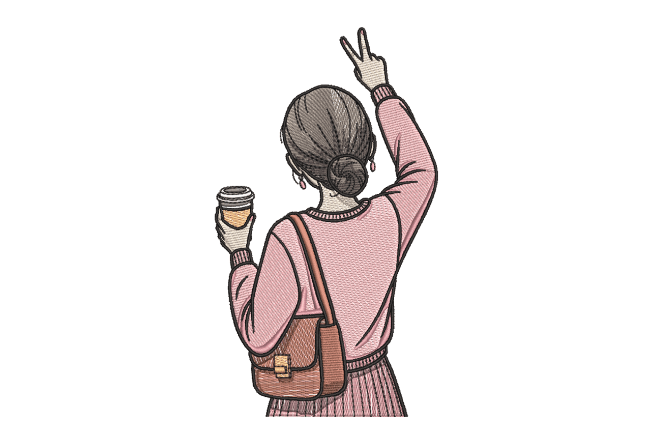 Coffee Lover Girl Back View Machine Embroidery Design