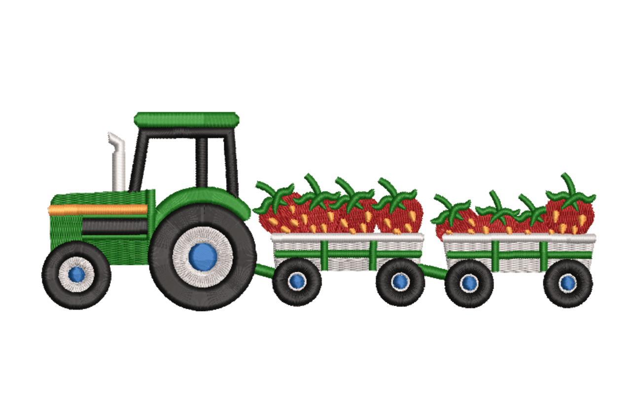 Farm Tractor with Strawberry Wagons Machine Embroidery Design