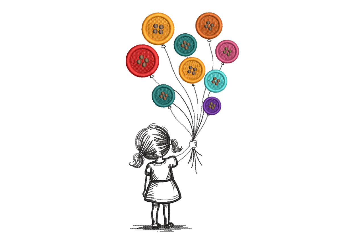 Girl Holding Colorful Balloons Machine Embroidery Design
