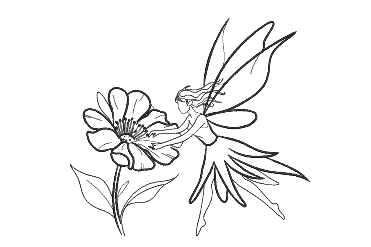 Fairy and Flower Line Art Machine Embroidery Design