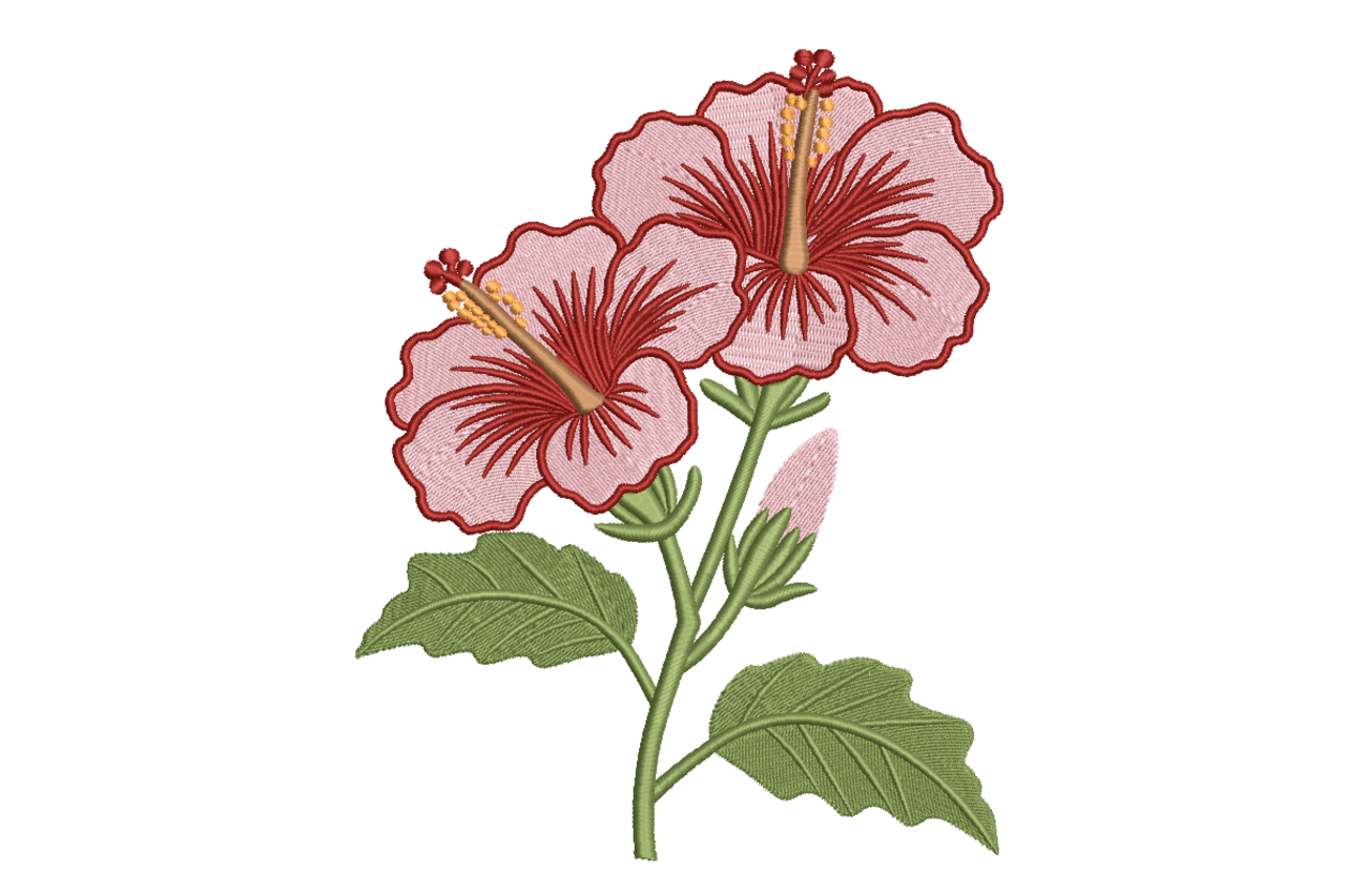 Pink Hibiscus Flower Branch Machine Embroidery Design