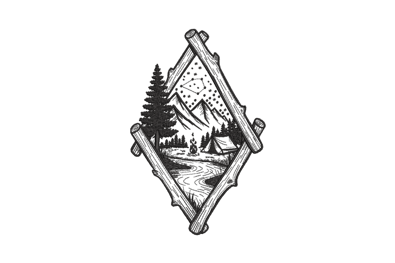 Rustic Mountain Camping Scene Machine Embroidery Design
