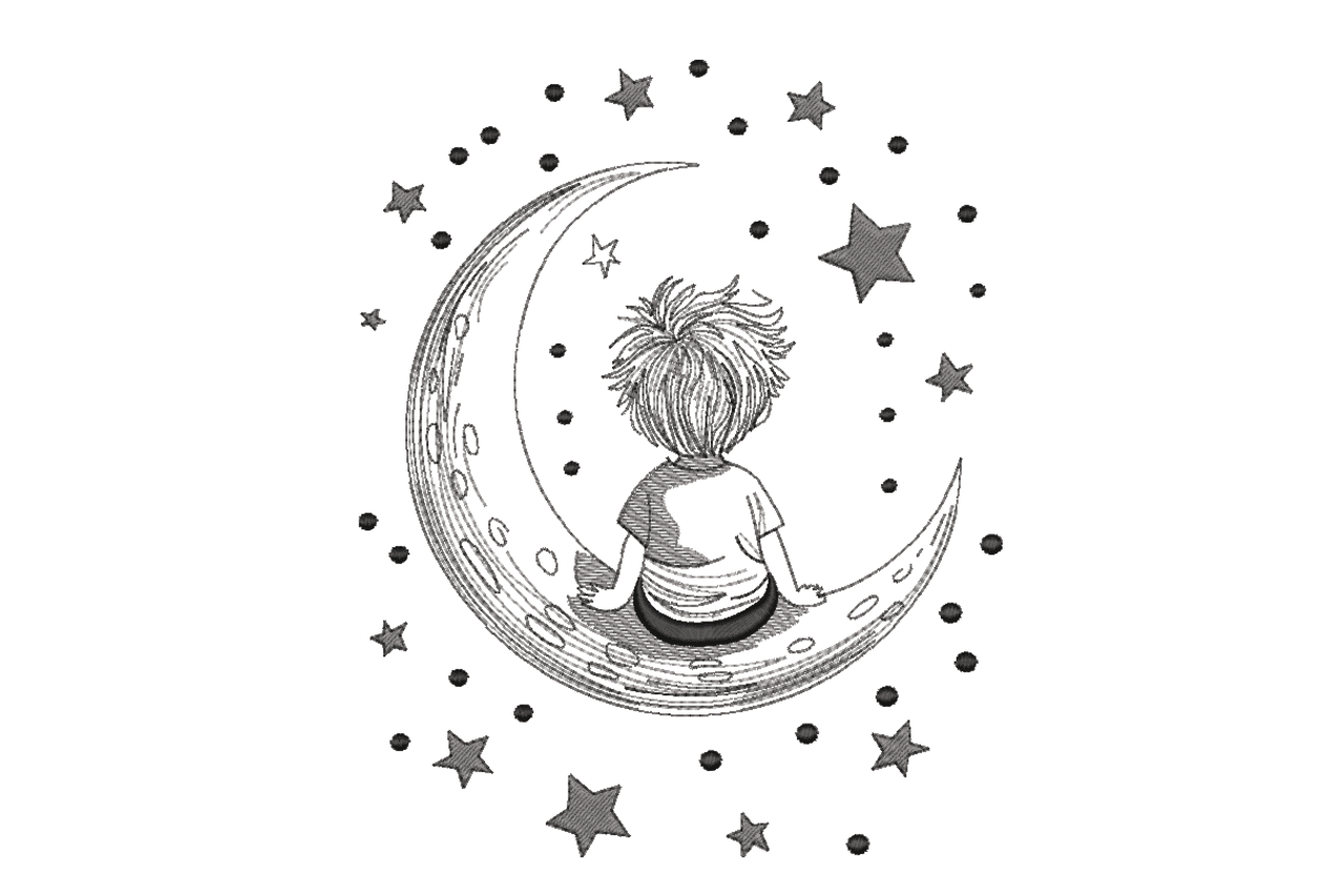 Boy Sitting on Moon Stars Machine Embroidery Design
