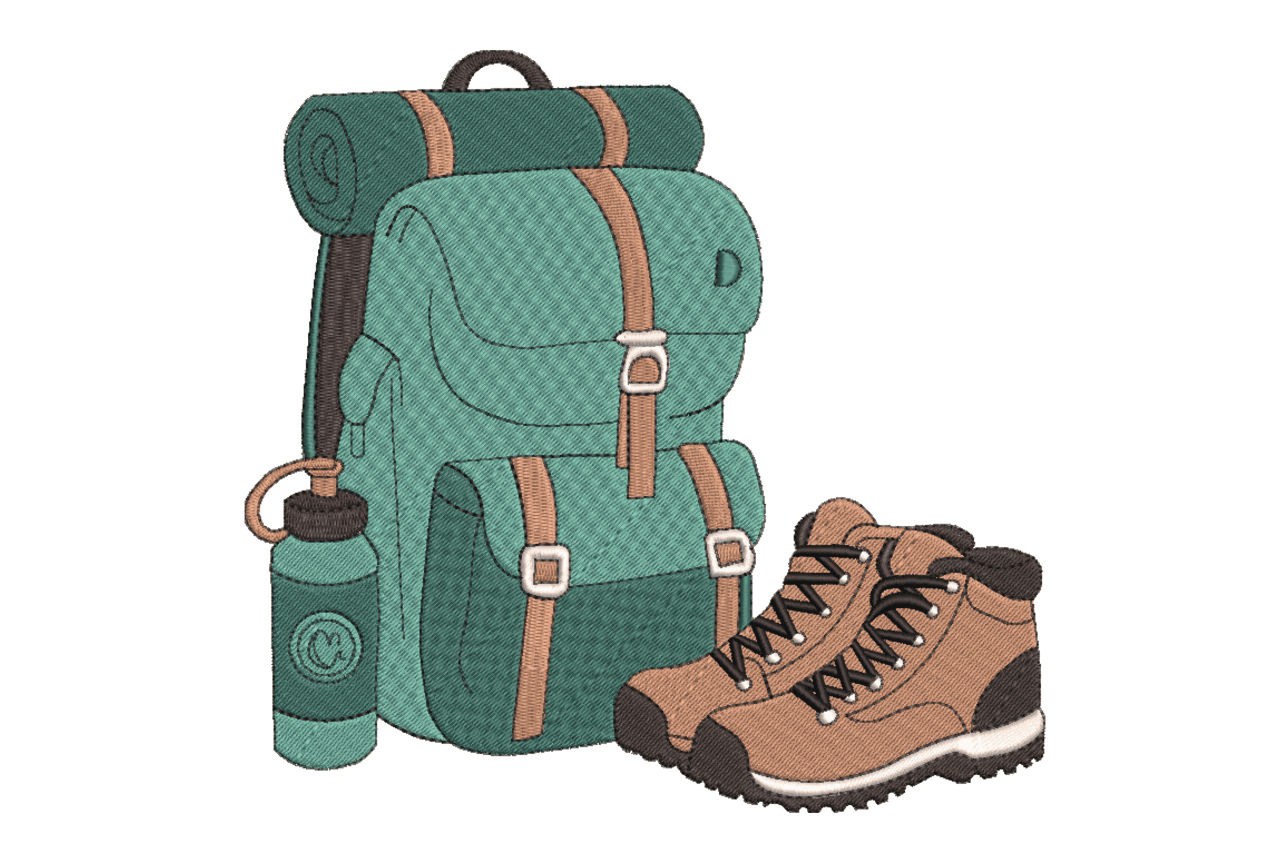 Hiking Backpack and Boots Machine Embroidery Design