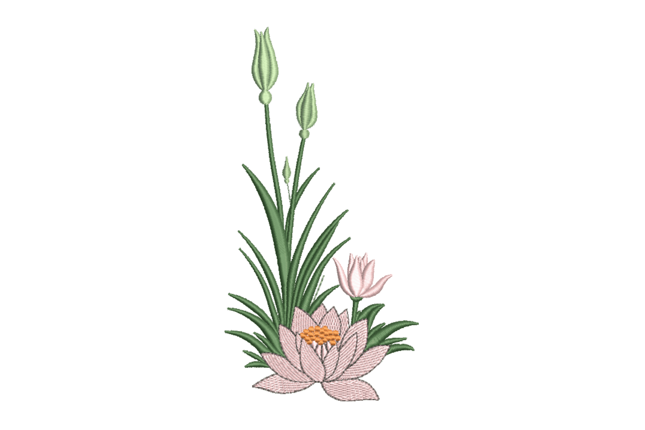 Pink Lotus Blossom Pond Floral Machine Embroidery Design
