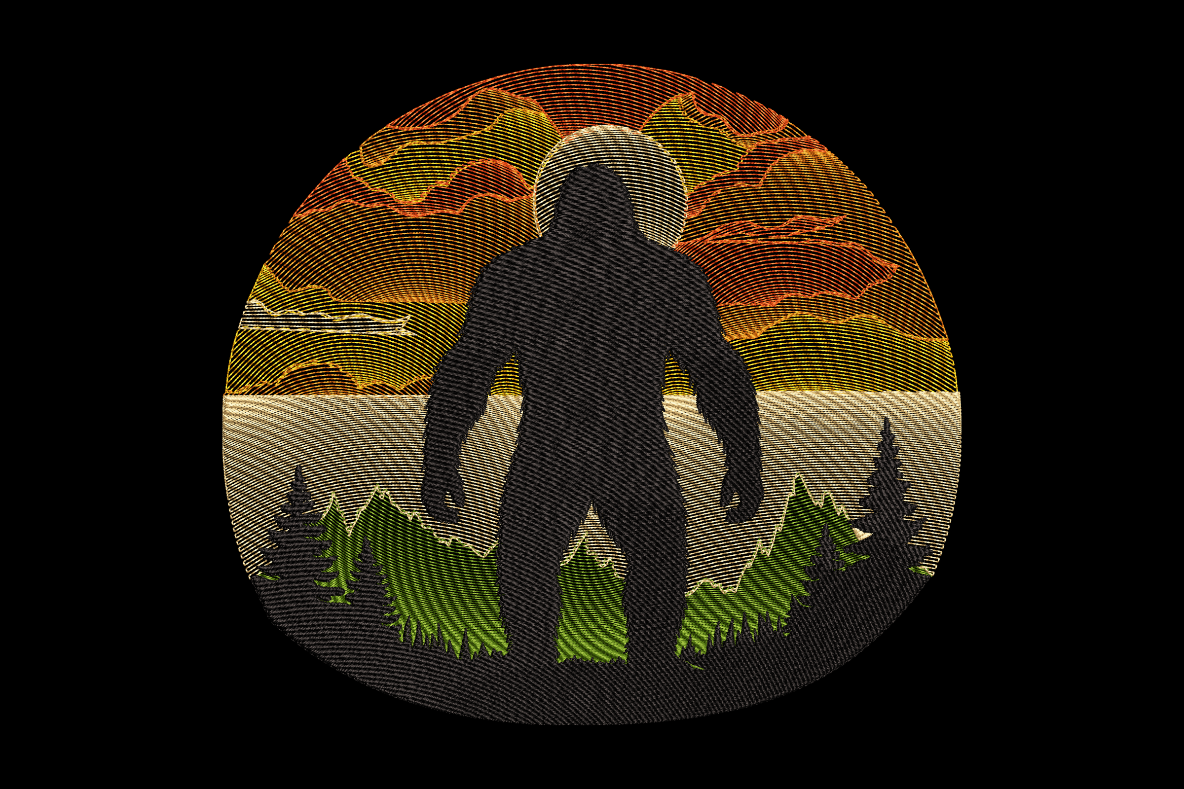 Bigfoot Forest Sunset Machine Embroidery Design