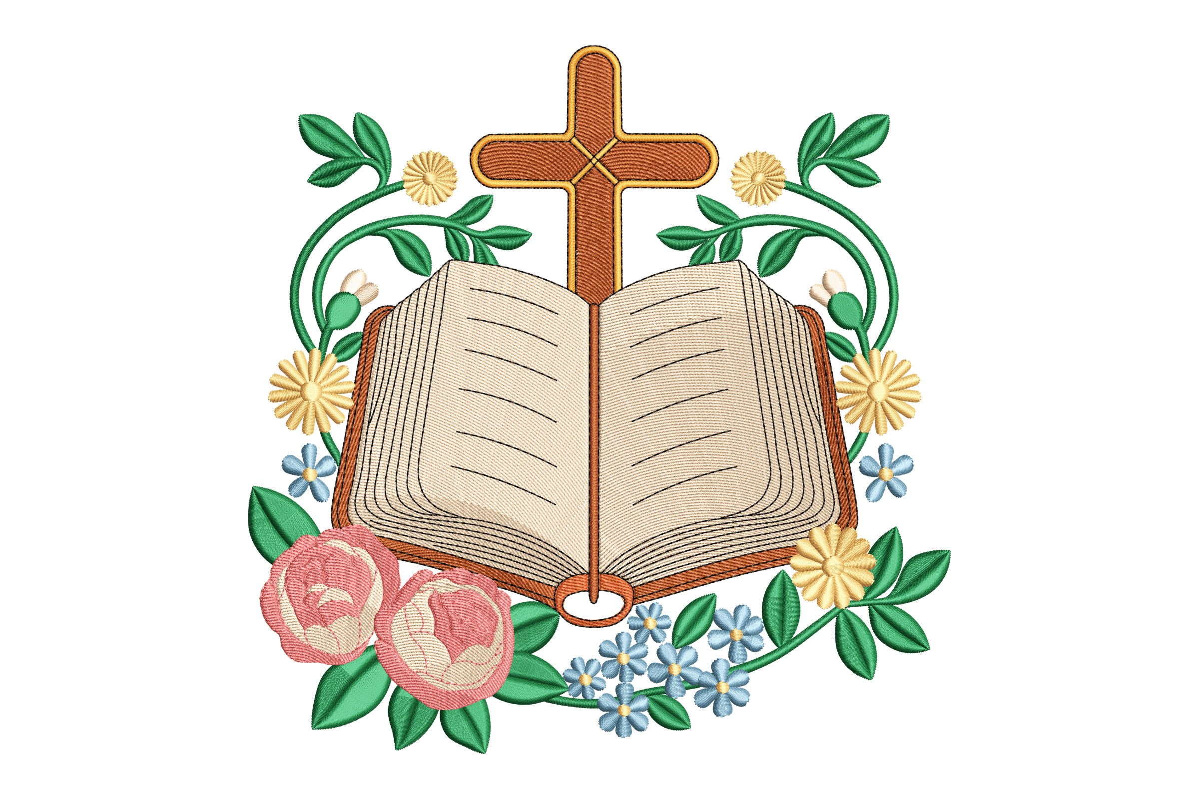 Open Bible Cross Floral Machine Embroidery Design