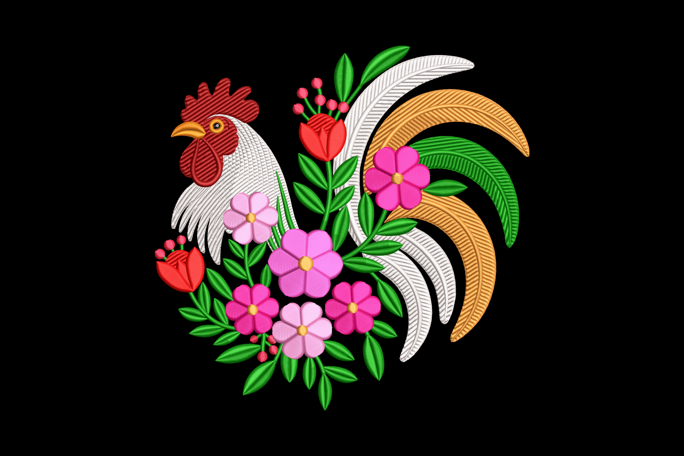Colorful Floral Rooster Machine Embroidery Design