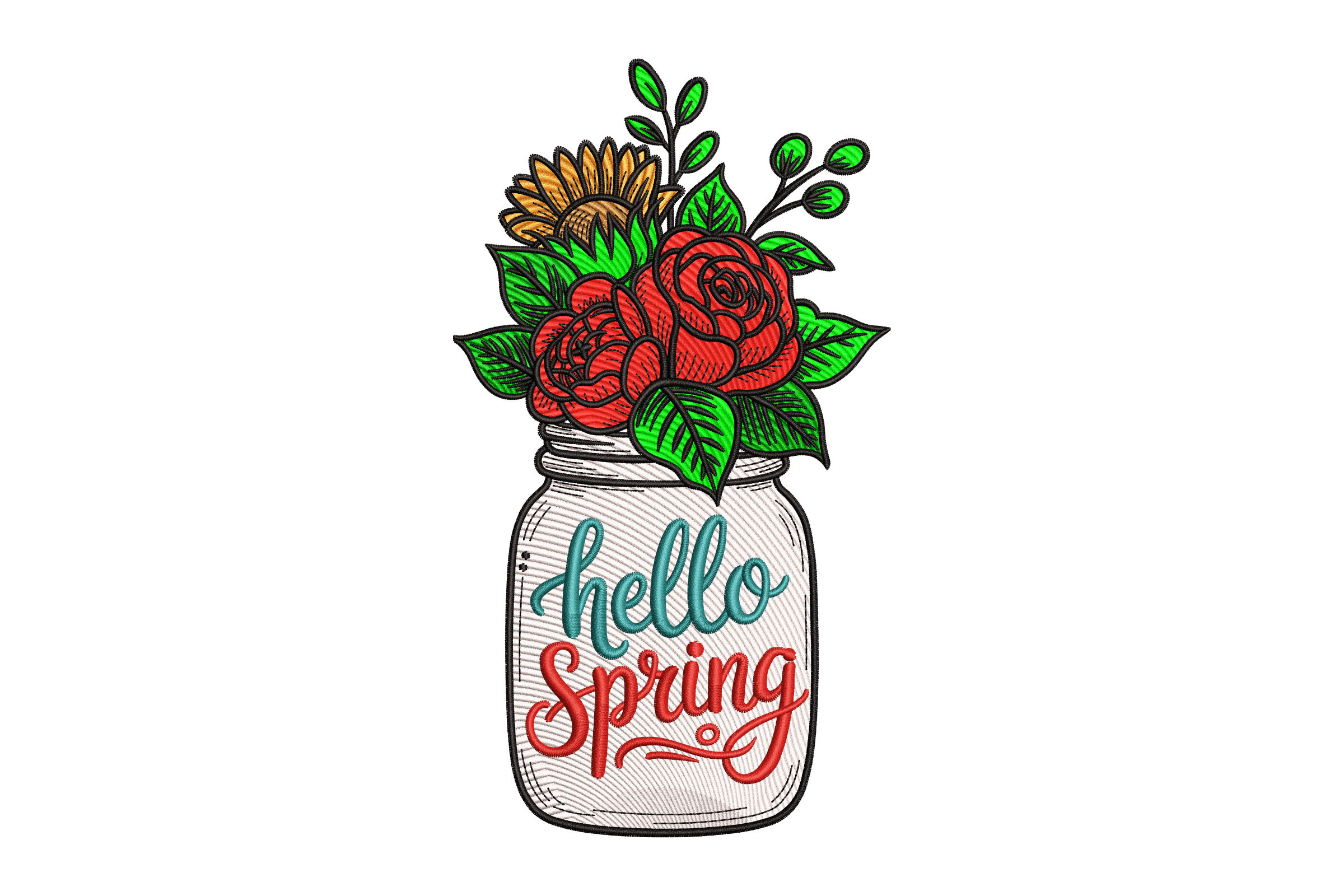 Hello Spring Mason Jar Floral Machine Embroidery Design