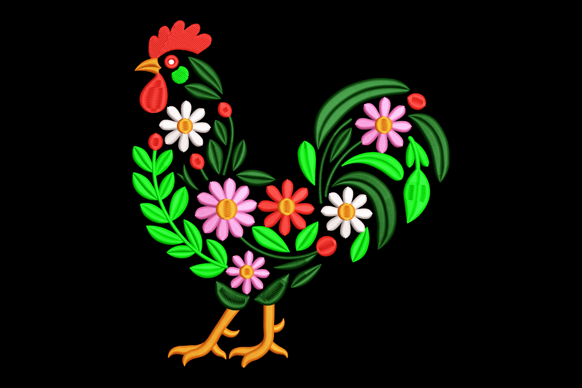 Floral Rooster Garden Machine Embroidery Design
